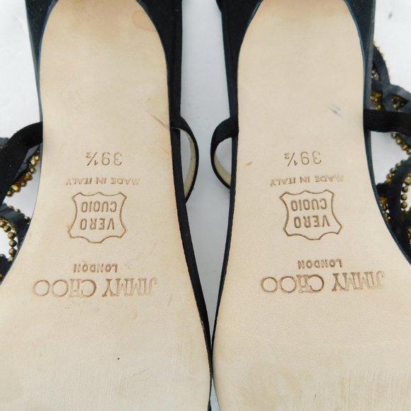 JIMMY CHOO Green Crystal Embellished Black Silk Strappy Sling Heel Sandals 39.5 - Picture 7 of 8